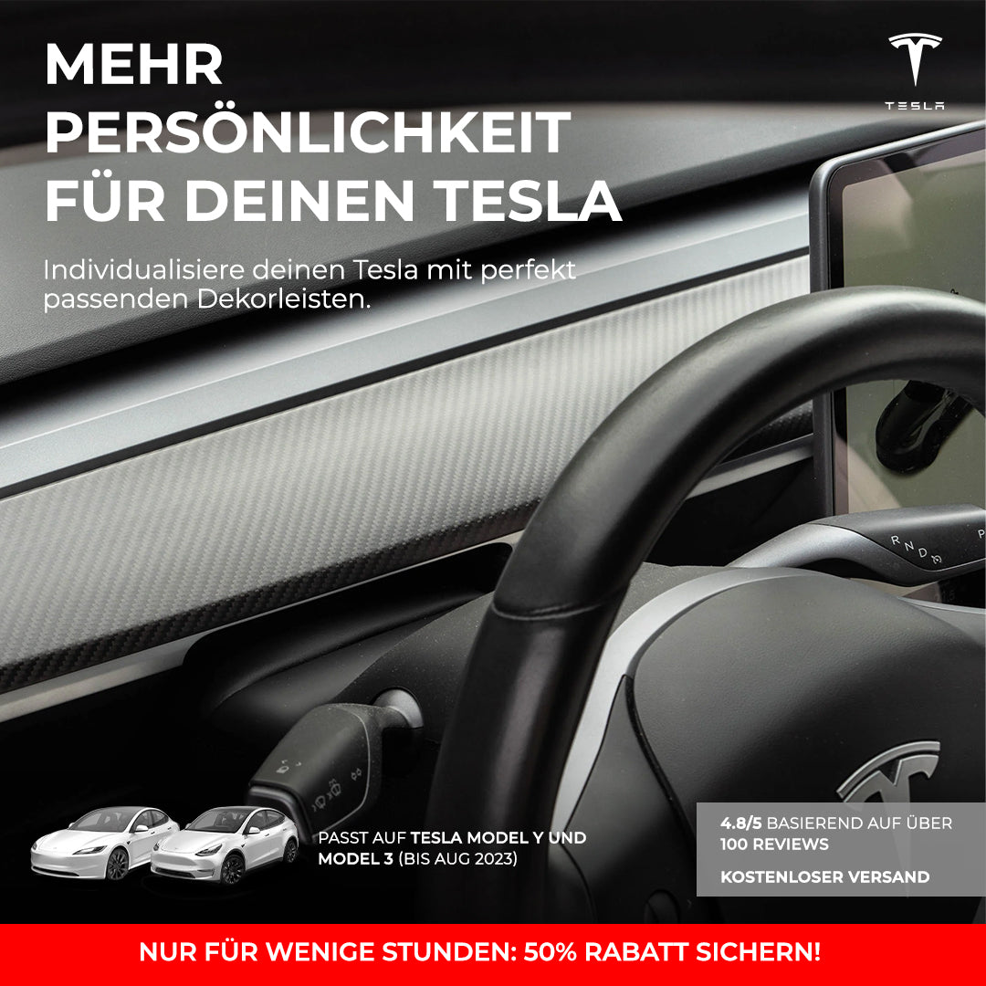 Advert showing Tesla interior customization with discount offer.